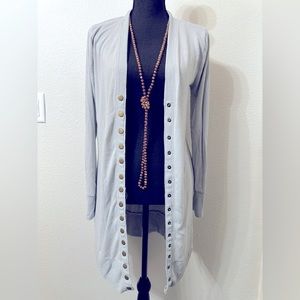 Long/Knee Length, Long Sleeve Gray Cardigan Sweater with Buttons